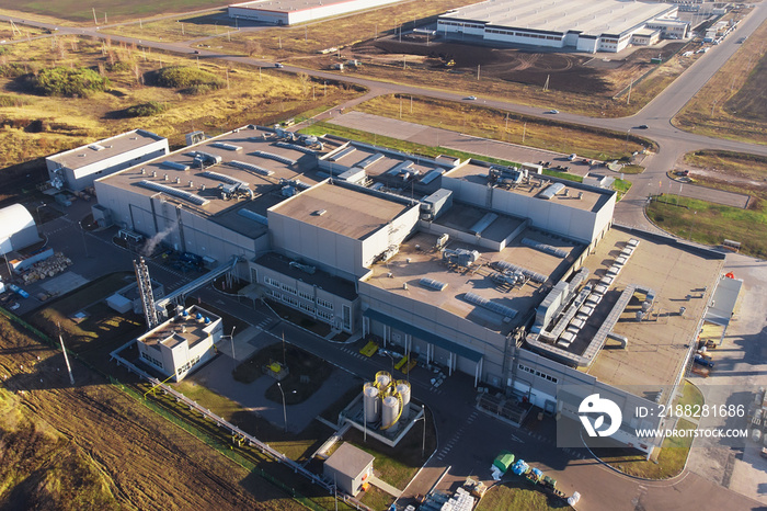 Warehouse storage or industrial factory or logistics center from above, aerial view.