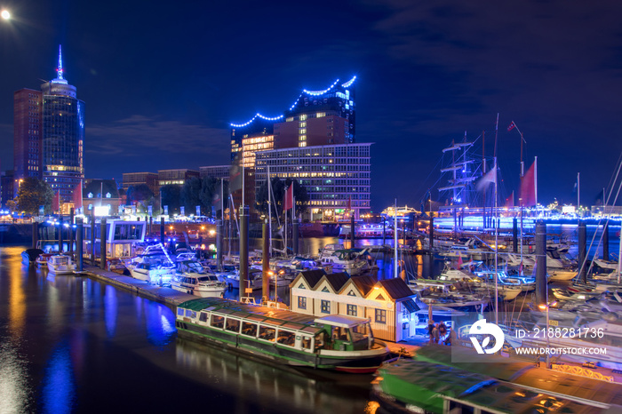 panorama of the harbor of Hamburg at night