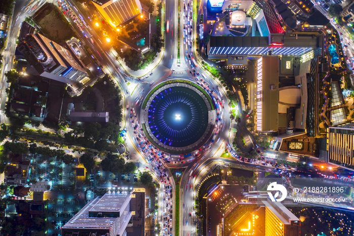 Drone view of Hotel Indonesia with traffic jam