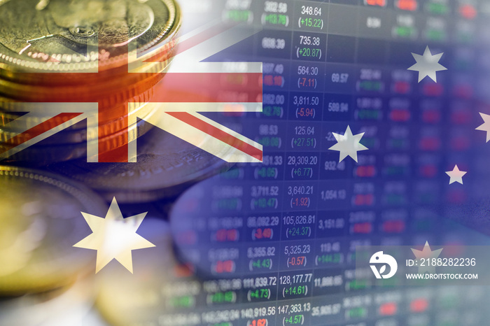 Stock market investment trading financial, coin and Australia flag or Forex for analyze profit finance business trend data background.