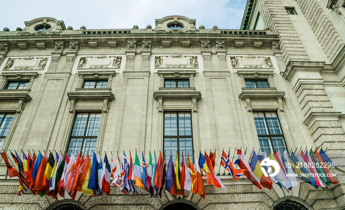 National flags of Europe on the facade of the OSCE building in Vienna, Austria