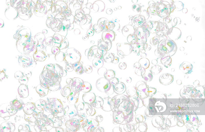 Soap Bubble fly on Black background. Many shampoo bubbles float in Air. Group of soap bubble with colorful rainbow on surface reflection to light create abstract texture