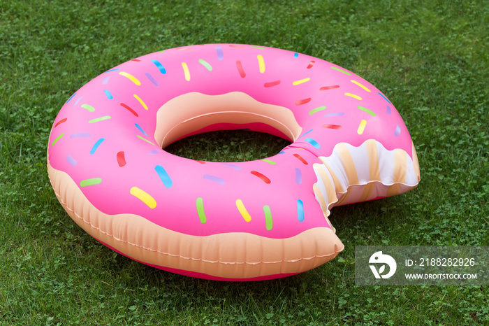 Inflatable swim ring in shape of donut on the grass. Summer vacations theme.