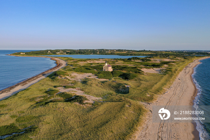 Amazing late afternoon summer aerial view of Block Island, RI North Lighthouse.