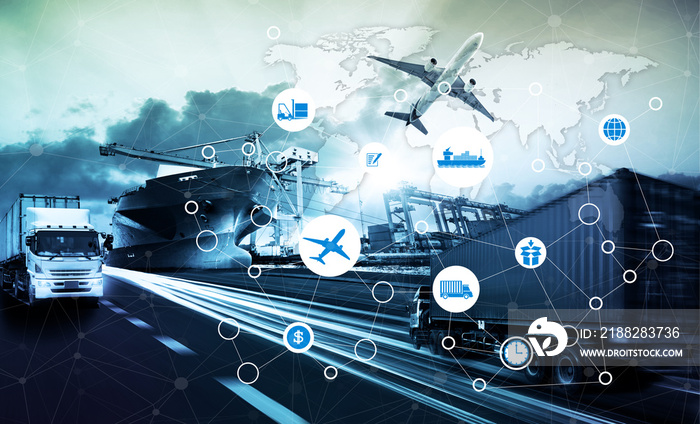 World map with logistic network distribution on background. Logistic and transport concept in front Logistics Industrial Container Cargo freight ship for Concept of fast or instant shipping