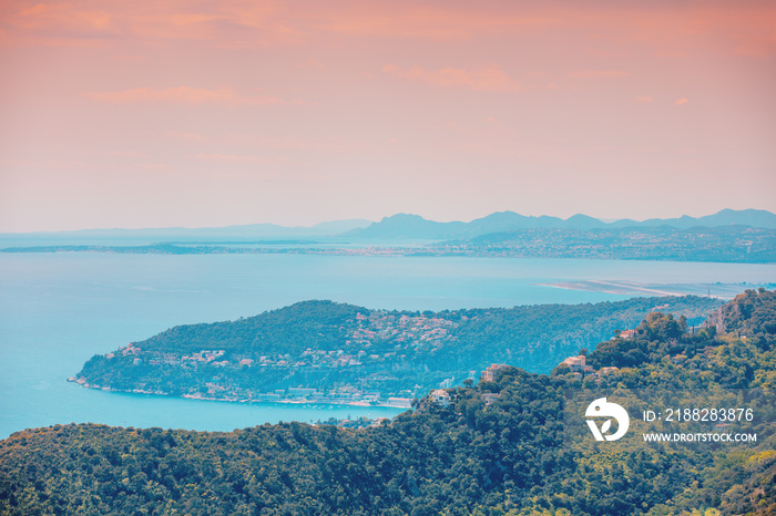 Panoramic view from the mountain on the Mont Boron, Nice, Cote d’Azur, France, Europe. France Riviera in the evening.