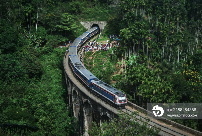 Famous passenger train on iconic nine arch bridge