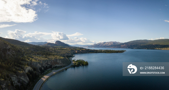 Aerial panoramic view of Okanagan Lake during a sunny summer day. Taken near Penticton, BC, Canada.