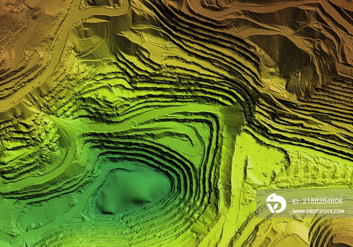 Digital elevation model. GIS product made after proccesing aerial pictures. It shows excavation site with steep rock walls that was mapped from a drone