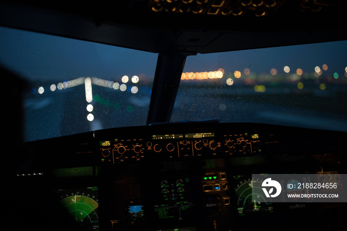 Commercial airliner airplane flight cockpit during takeoff