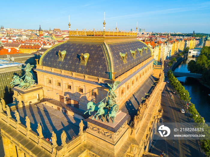 Beautiful Prague National Theatre at sunset along the river Vltava. Prague, Czech Republic