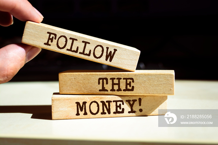 Wooden blocks with words ’Follow the Money’.