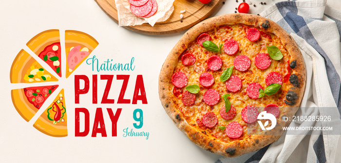 Delicious pizza on light background. Banner for National Pizza Day