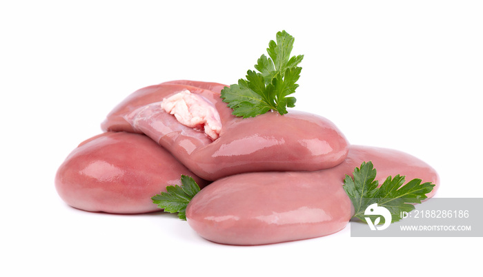 Pork kidney raw isolated on white background. Closeup. Pig kidney isolated with parsley leaves.