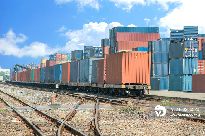 Cargo train platform with freight train container at depot