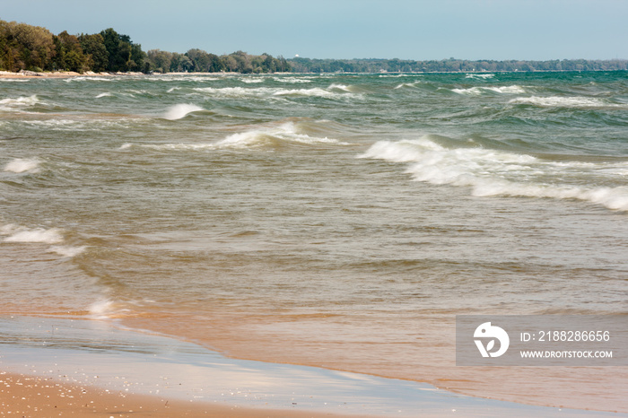 The waves of Lake Michigan cascade on-shore at Harrington Beach State Park, Belgium, Wisconsin during heavy winds in late September