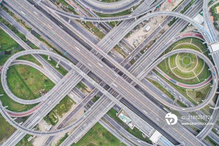 Aerial day view of traffic junction cross road