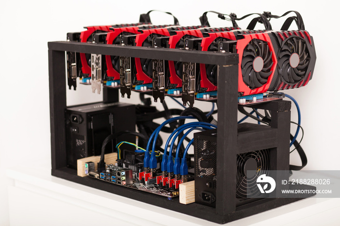 Cryptocurrency background (mining rig), Close up of array of GPUs for mining rig machine to mine for digital cryptocurrency such as bitcoin, ethereum and other altcoins.