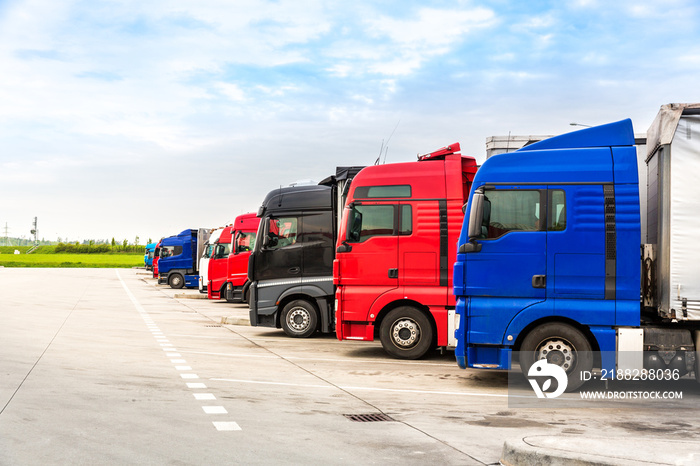 Trucks on parking, cargo transportation in Europe