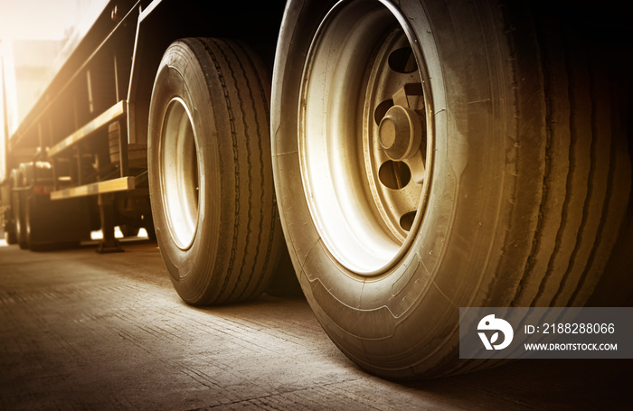 Rear A Big Truck Wheels of Trailer. Road Freight by Truck Transportation.