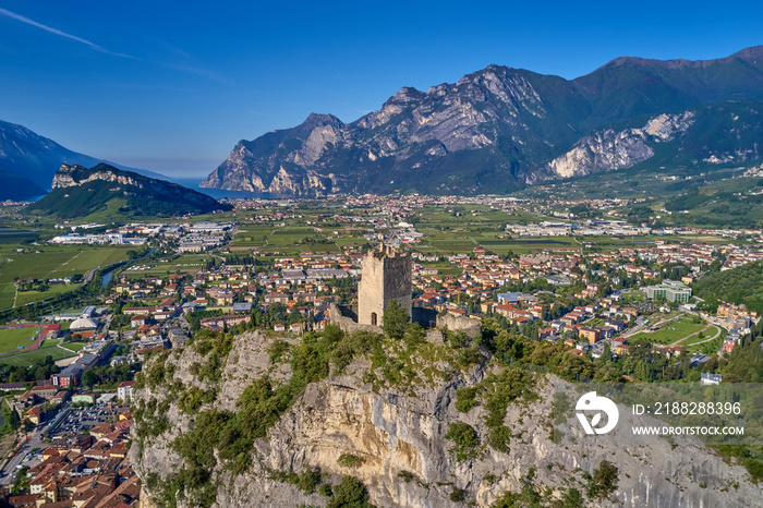 Flying on drone, aerial view of Arco Castle ruins, Lake Garda. Italy.