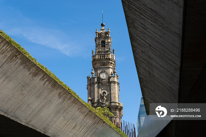 Clérigos tower, Porto, Portugal. Fusion of old and new architecture