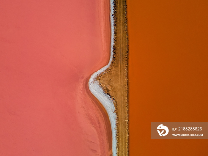 An aerial view of Hutt Lagoon near Port Gregory, Western Australia. Also known as the Pink Lake.