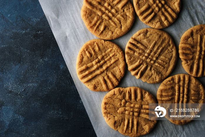 Old fashioned peanut butter cookies flat lay with copy space by food.