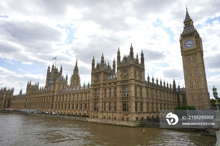 Palace of Westminster informally known as the Houses of Parliament with Big Ben tower on the north bank of the River Thames in the City of Westminster, in central London, England