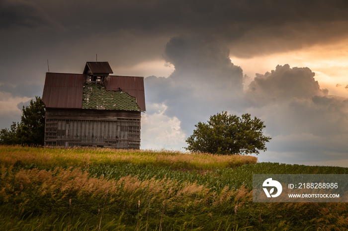 An old, abandoned barn overlooking corn fields at sunset