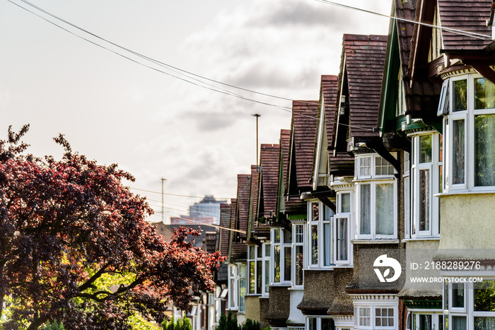 Evening View of Row of Typical English Terraced Houses in Northampton