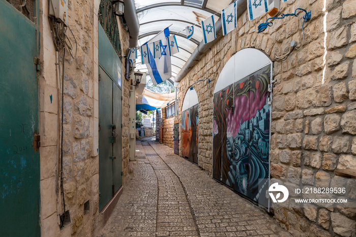 A quiet street in the early morning in the  artists quarter in the old town of Safed