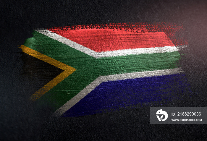 South Africa Flag Made of Metallic Brush Paint on Grunge Dark Wall