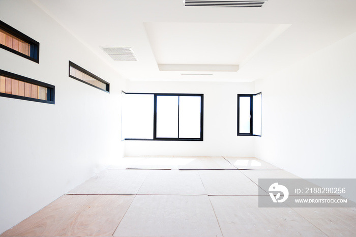 Empty room interior build wall gypsum board white colur and Air conditioner in construction site