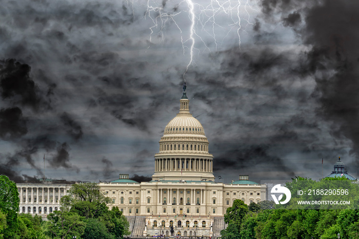 lightning on Washington DC Capitol dome view from the mall