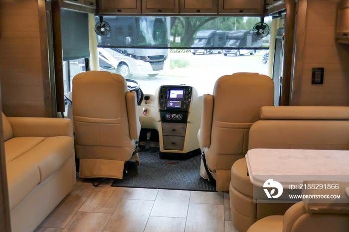 Luxury Class a RV Motorhome front seat cockpit view