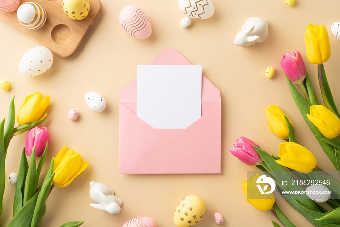 Easter concept. Top view photo of pink envelope with letter colorful easter eggs ceramic bunnies yellow and pink tulips and wooden egg holder on isolated pastel beige background with blank space