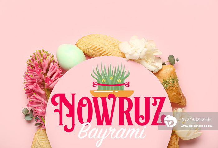 Greeting card for Novruz Bayram with flowers, eggs and sweets on pink background