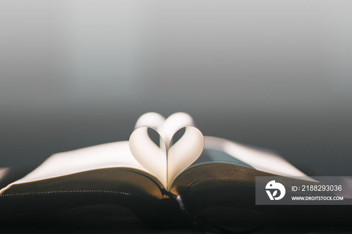 Soft focus open holy Bible at window,heart pages background