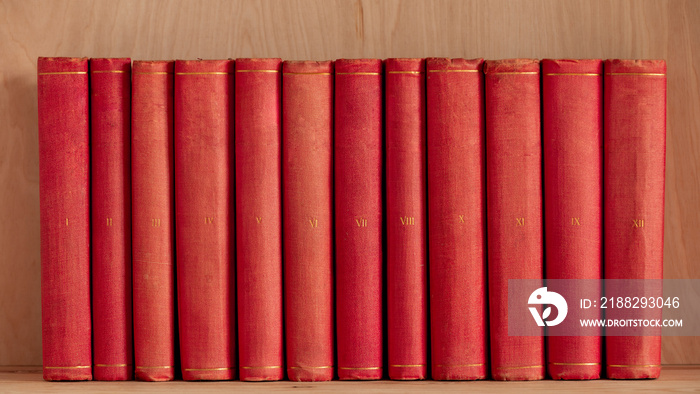 Twelve red antique book volumes in row. Roman numerals on hardback book spine. Old books banner.