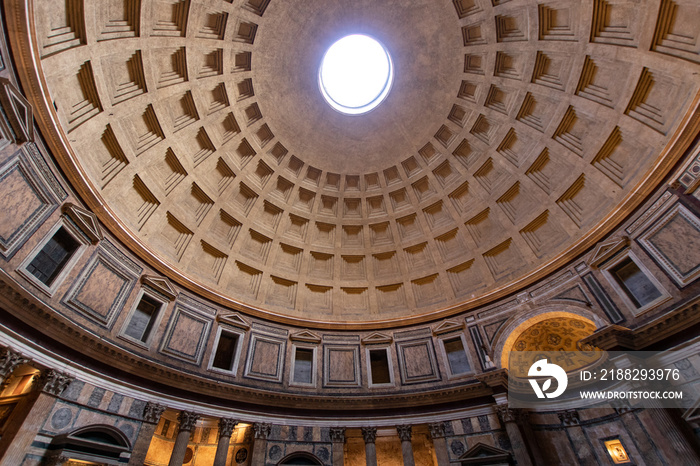 pantheon in rome, hole in the ceiling of the dome of the monument of ancient rome. tourism in rome in italy