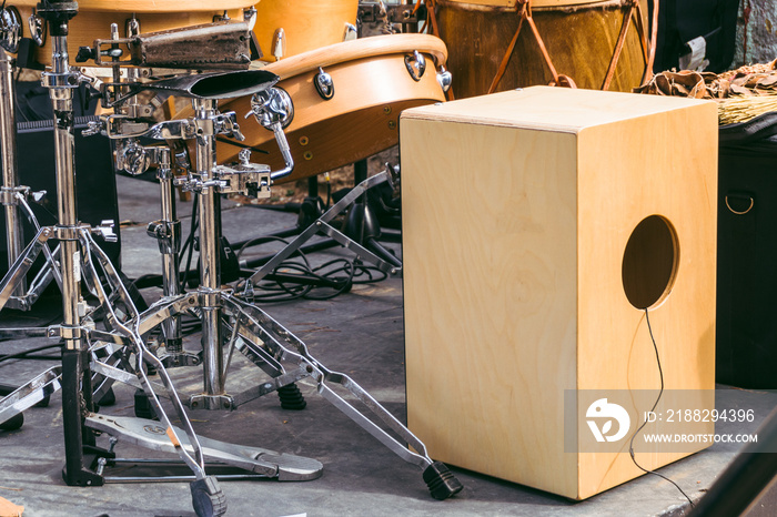 Detail of a flamenco cajon and various percussion instruments