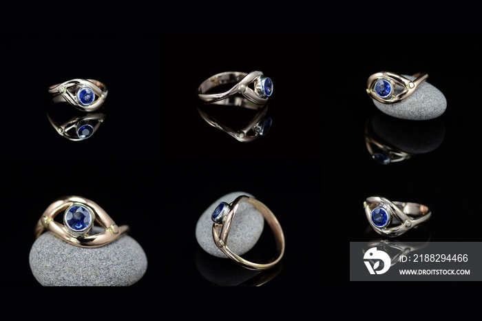 Vintage hand made 14K 585 ladies gold ring with natural, genuine royal blue colour, round faceted precious sapphire gemstone setting. Black reflective background. Multiple photo collage collection.