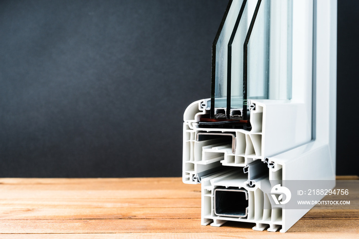 windows cross section, triple glass, double chamber