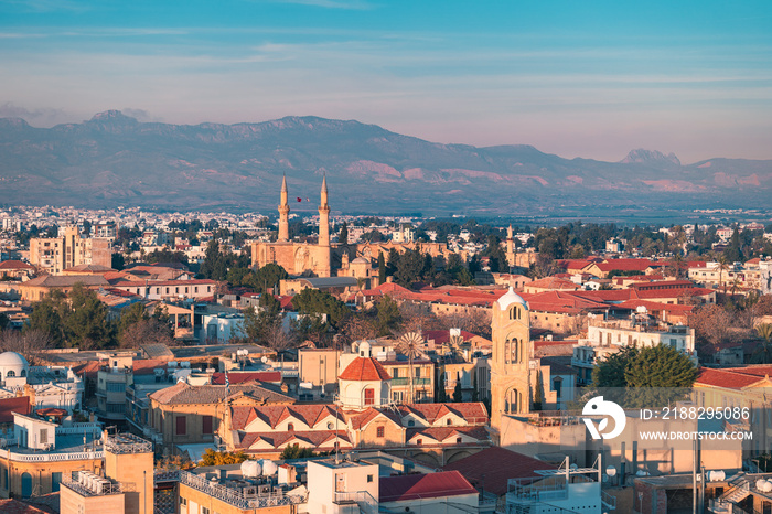 Beautiful aerial view over old town of Nicosia, Northern Cyprus and Selimiye Mosque in Cyprus