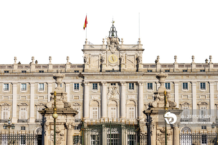 Madrid Royal Palace in Baroque style isolated on white or transparent background. In the past used as the residence of the King of Spain, Plaza de la Armeria, Community of Madrid, Spain, Europe. Png.