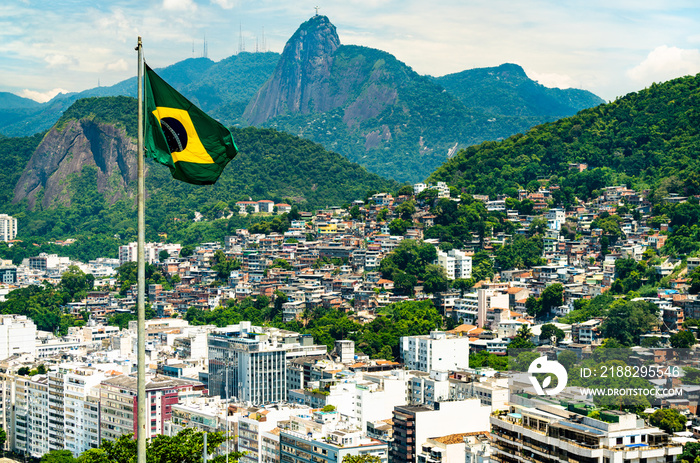 Flag of Brazil with Favela Babilonia, Leme and Corcovado of Rio de Janeiro in the background