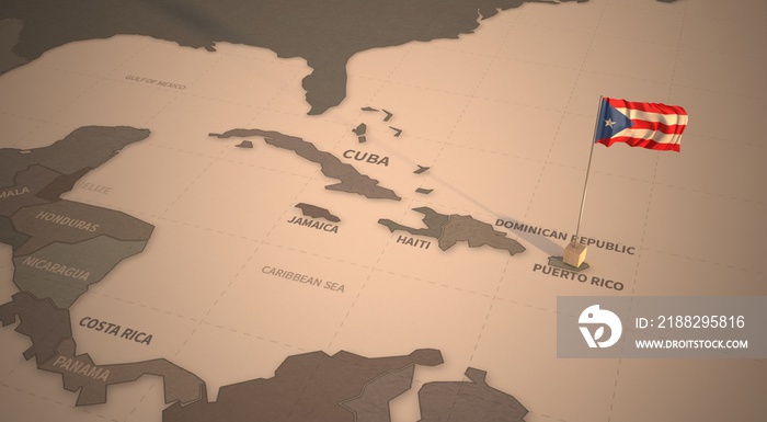 Flag on the map of puerto rico. Vintage Map and Flag of Central America, Caribbean Countries Series 3D Rendering