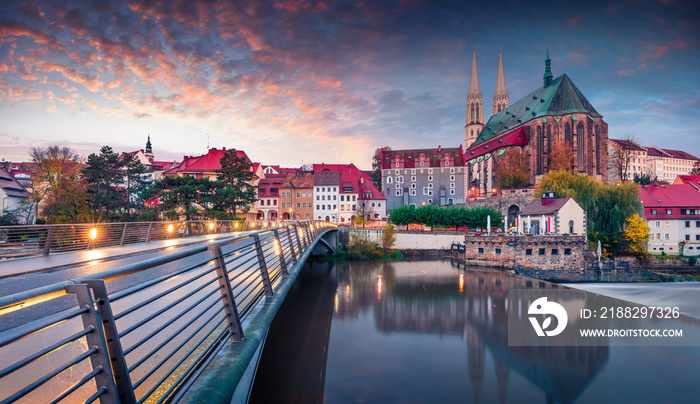 Fantastic sunrise view of St Peter and Paul’s Church, on the Polish border. Colorful autumn cityscape of Gorlitz, eastern Germany, Europe. Traveling concept background.