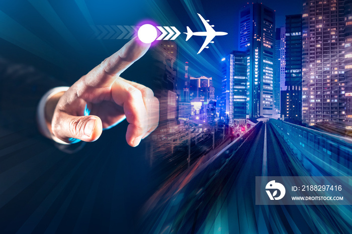 Business travel or tourism. Travel concept for business connections. Hand of businessman on background of night city. Image of airplane near cityscape. Illustration symbolizes corporate air travel